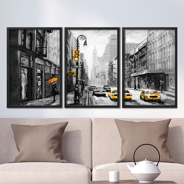 Kit Quadros Decorativos Cidade Pintura de New York Nova Iorque Preto e Branco