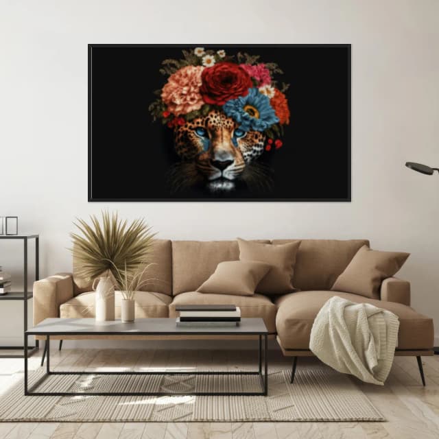 Quadro Decorativo Leopardo Com Coroa De Flores