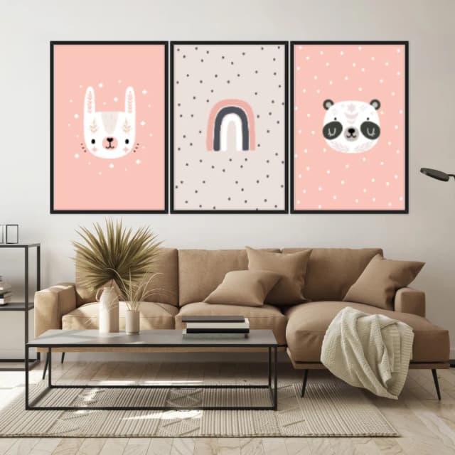 Kit Quadros Decorativos Panda E Arco Íris
