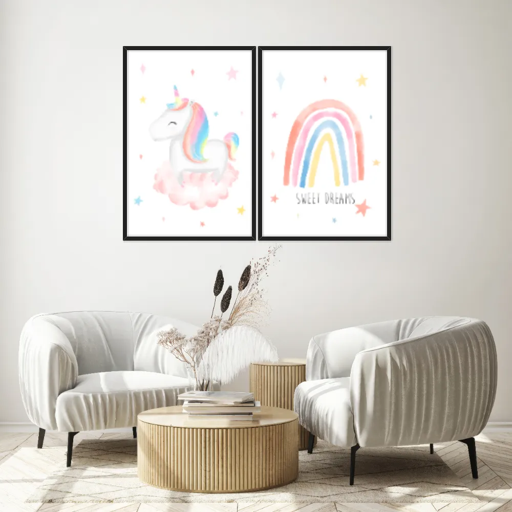Kit Quadros Decorativos Unicórnio E Arco Íris