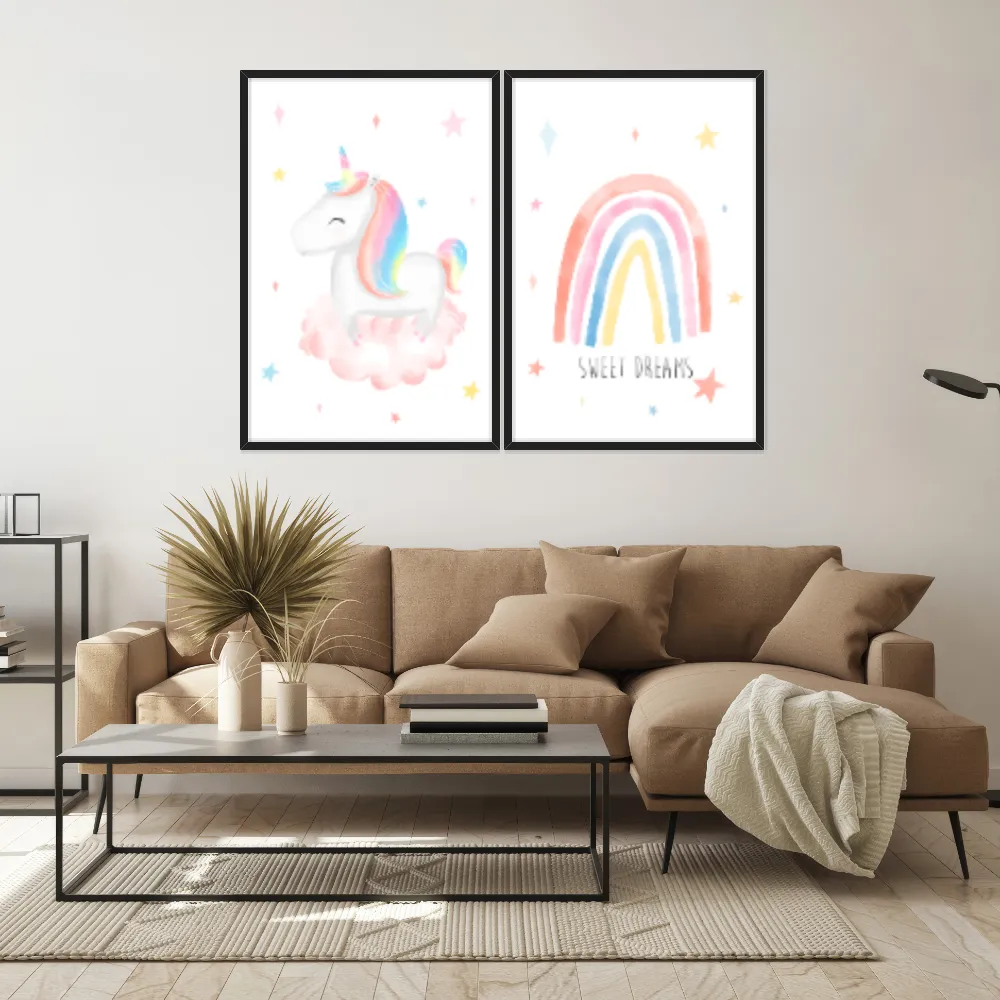 Kit Quadros Decorativos Unicórnio E Arco Íris