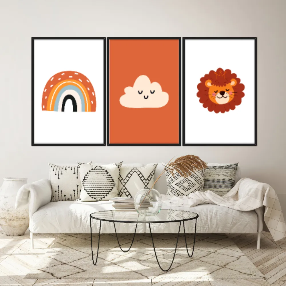 Kit Quadros Decorativos Leão Nuvem E Arco Íris