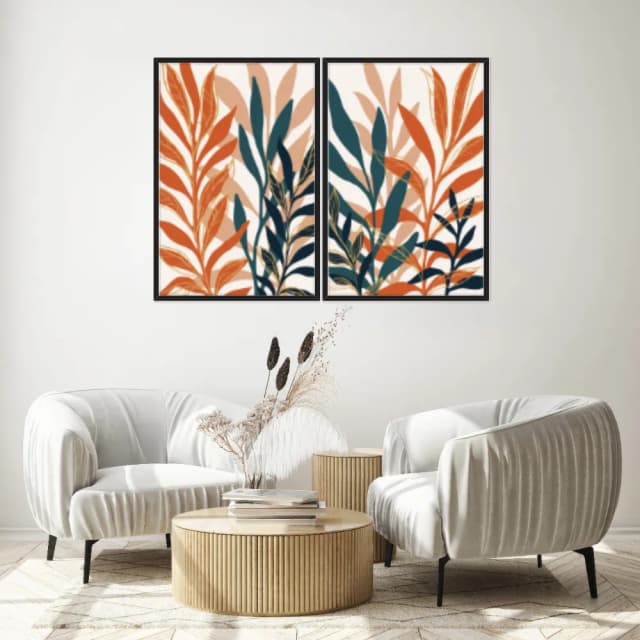 Kit Quadros Decorativos Folhas Laranja E Azul