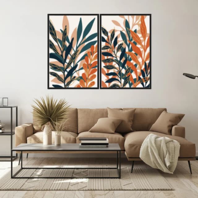 Kit Quadros Decorativos Folhas Laranja E Azul