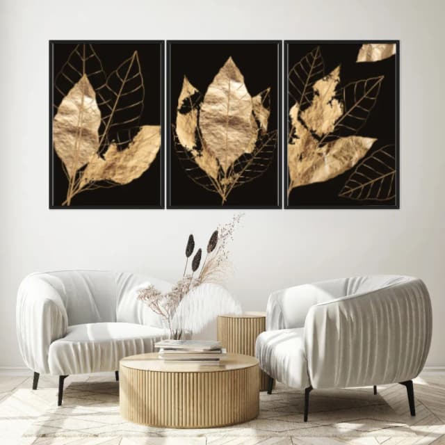 Kit Quadros Decorativos Planta Dourada