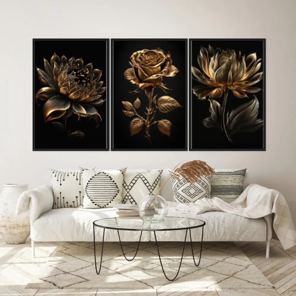 Kit Quadros Decorativos Planta Dourada