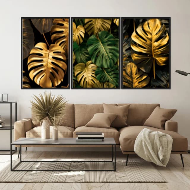 Kit Quadros Decorativos Costela De Adão Dourada