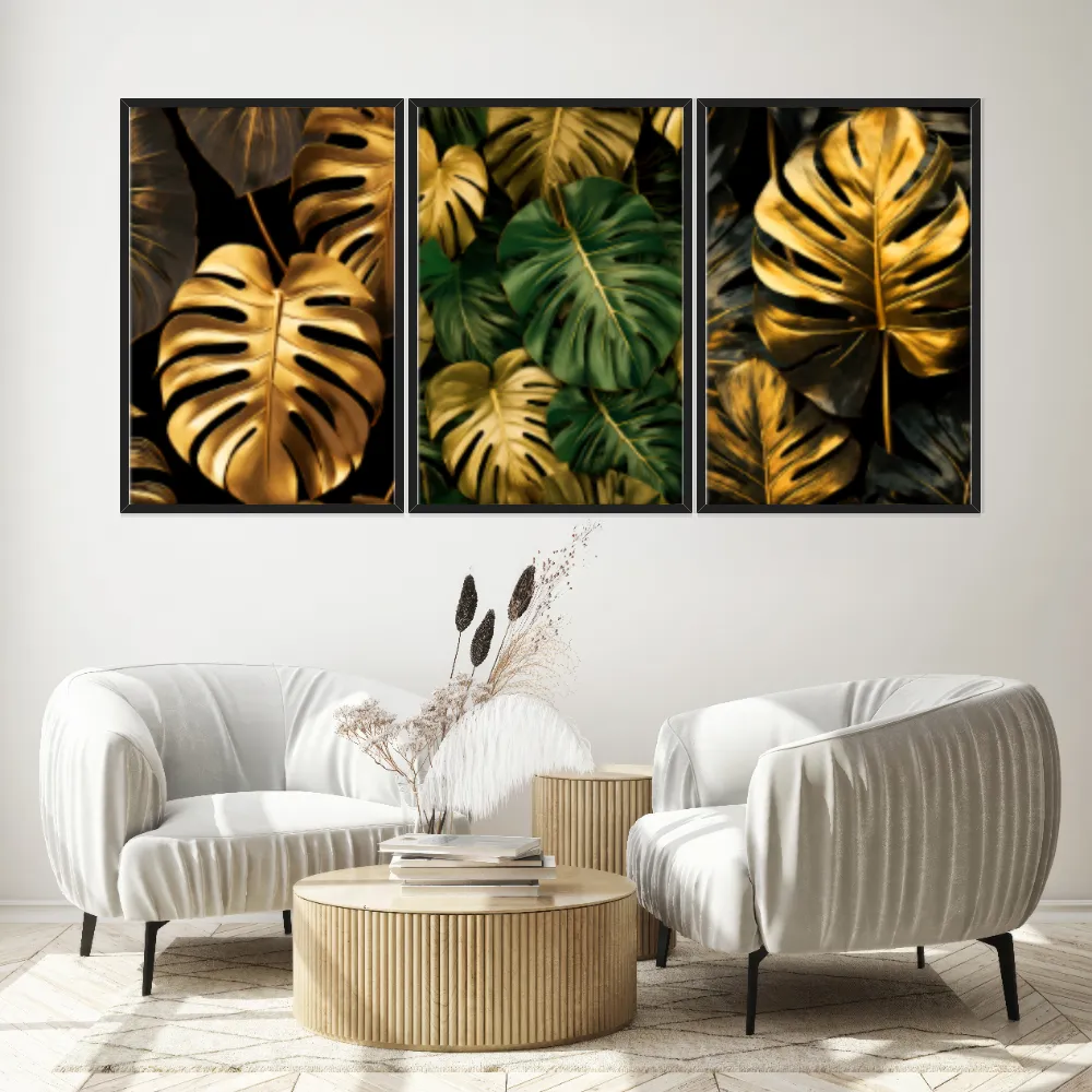 Kit Quadros Decorativos Costela De Adão Dourada