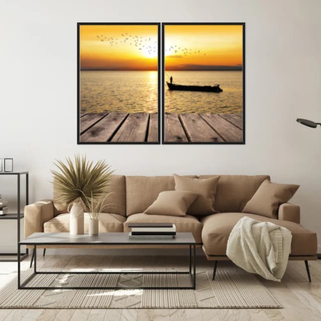 Kit Quadros Decorativos Pássaros Com Pôr Do Sol