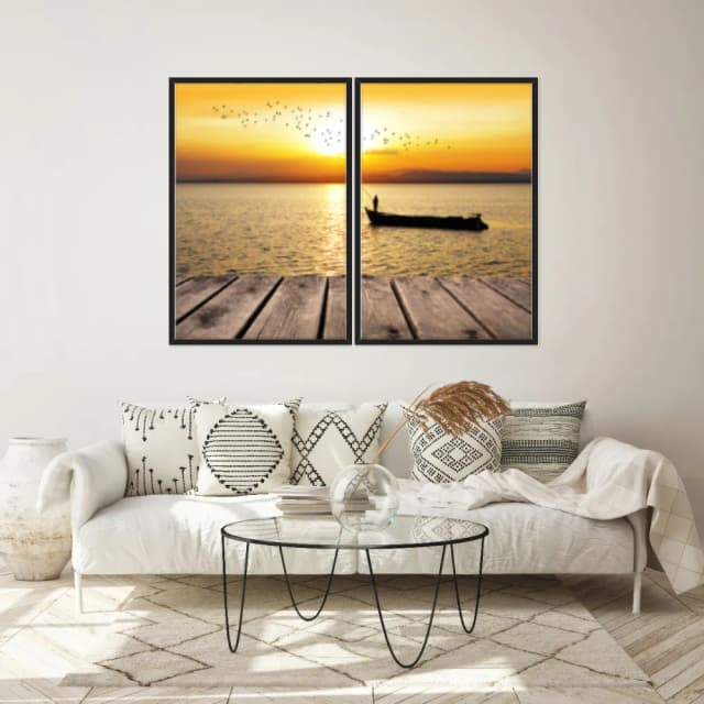 Kit Quadros Decorativos Pássaros Com Pôr Do Sol