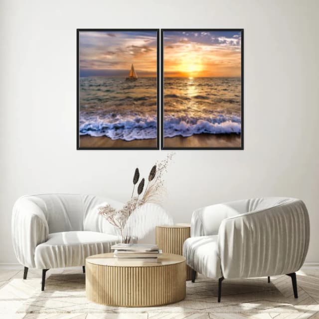 Kit Quadros Decorativos Mar Com Pôr Do Sol