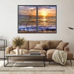 Kit Quadros Decorativos Mar Com Pôr Do Sol
