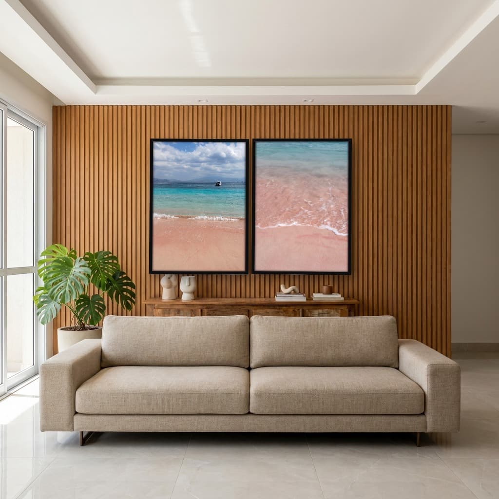 Kit Quadros Decorativos Mar Azul Com Areia Rosa