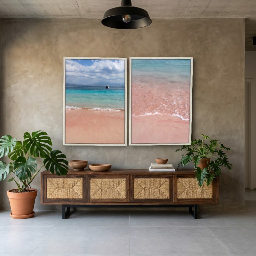 Kit Quadros Decorativos Mar Azul Com Areia Rosa