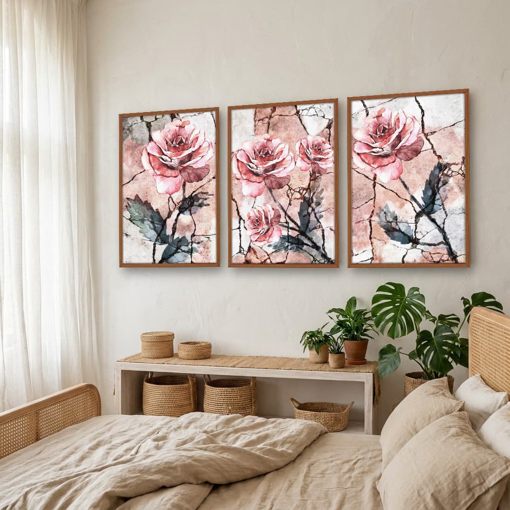 Kit Quadros Decorativos Flor Rosa