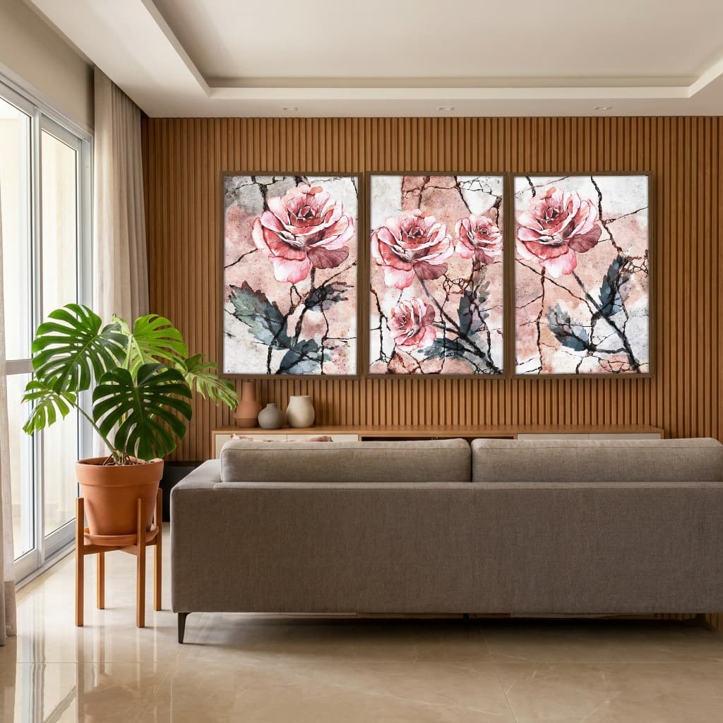 Kit Quadros Decorativos Flor Rosa