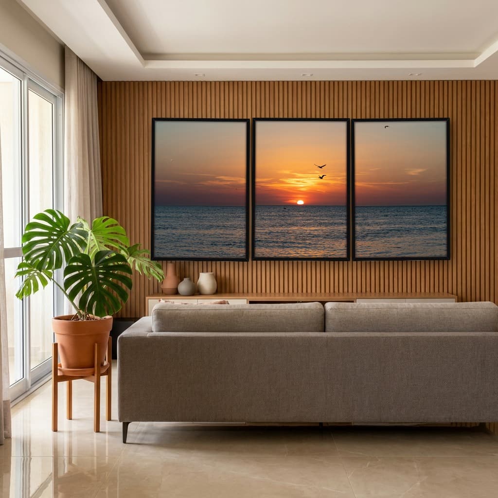 Kit Quadros Decorativos Pássaros Com Pôr Do Sol