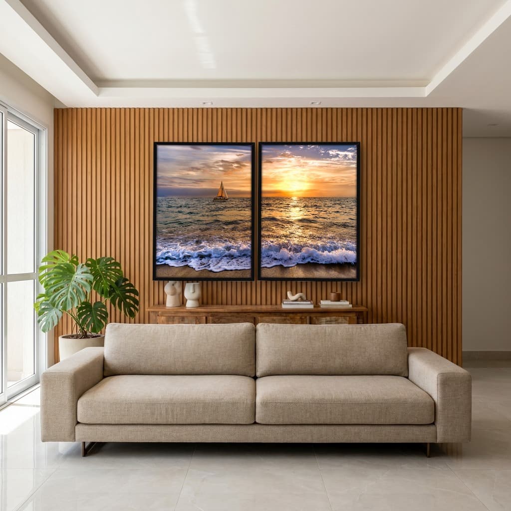 Kit Quadros Decorativos Mar Com Pôr Do Sol