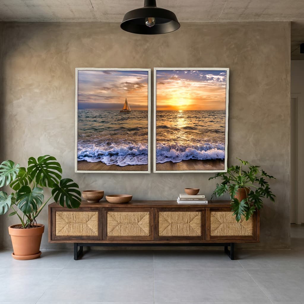 Kit Quadros Decorativos Mar Com Pôr Do Sol