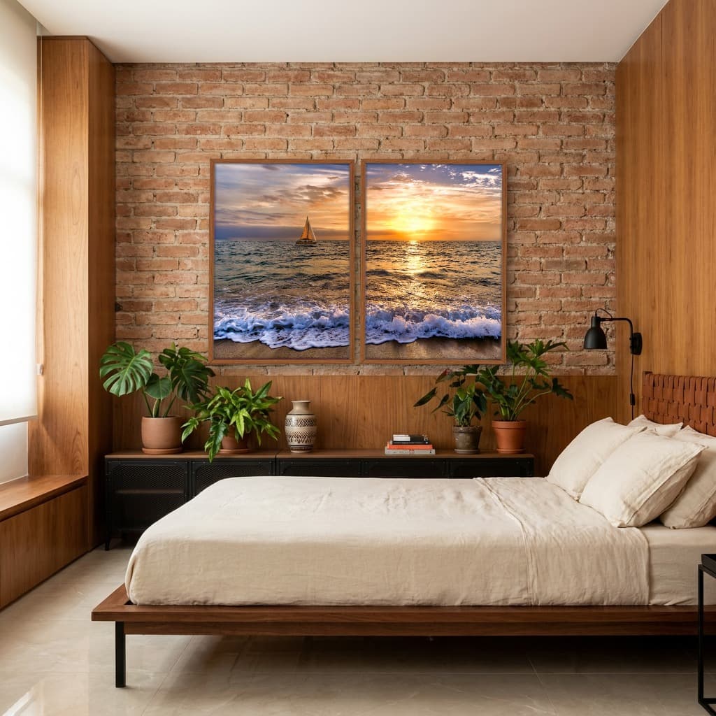 Kit Quadros Decorativos Mar Com Pôr Do Sol