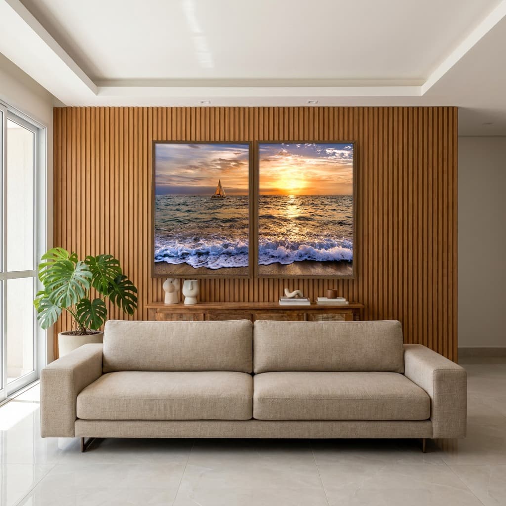 Kit Quadros Decorativos Mar Com Pôr Do Sol