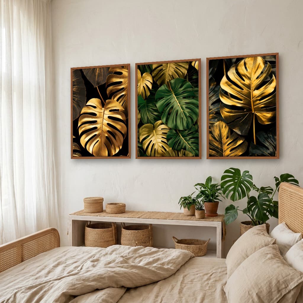 Kit Quadros Decorativos Costela De Adão Dourada