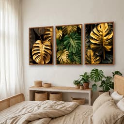 Kit Quadros Decorativos Costela De Adão Dourada
