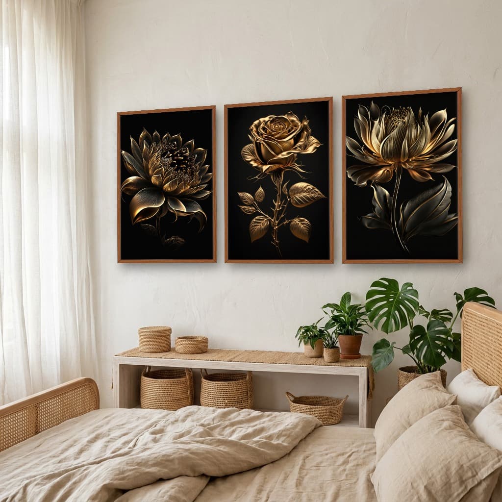 Kit Quadros Decorativos Planta Dourada