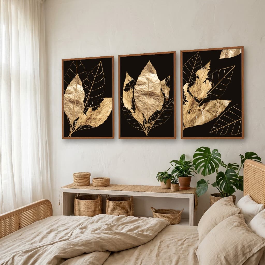 Kit Quadros Decorativos Planta Dourada