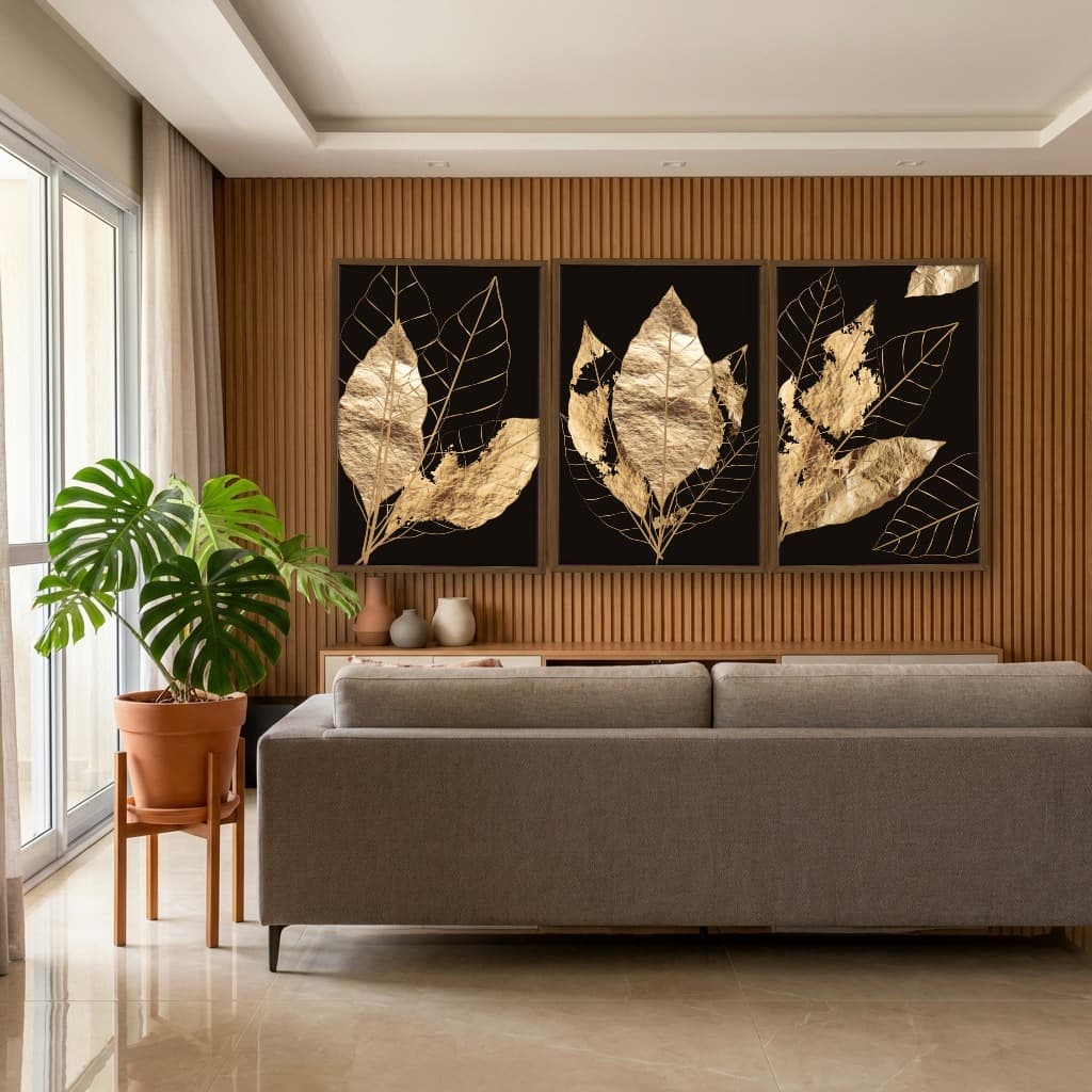 Kit Quadros Decorativos Planta Dourada