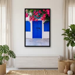 Quadro Decorativo Porta Azul Com Rosas