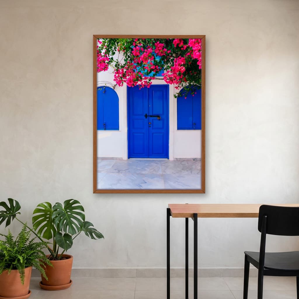 Quadro Decorativo Porta Azul Com Rosas