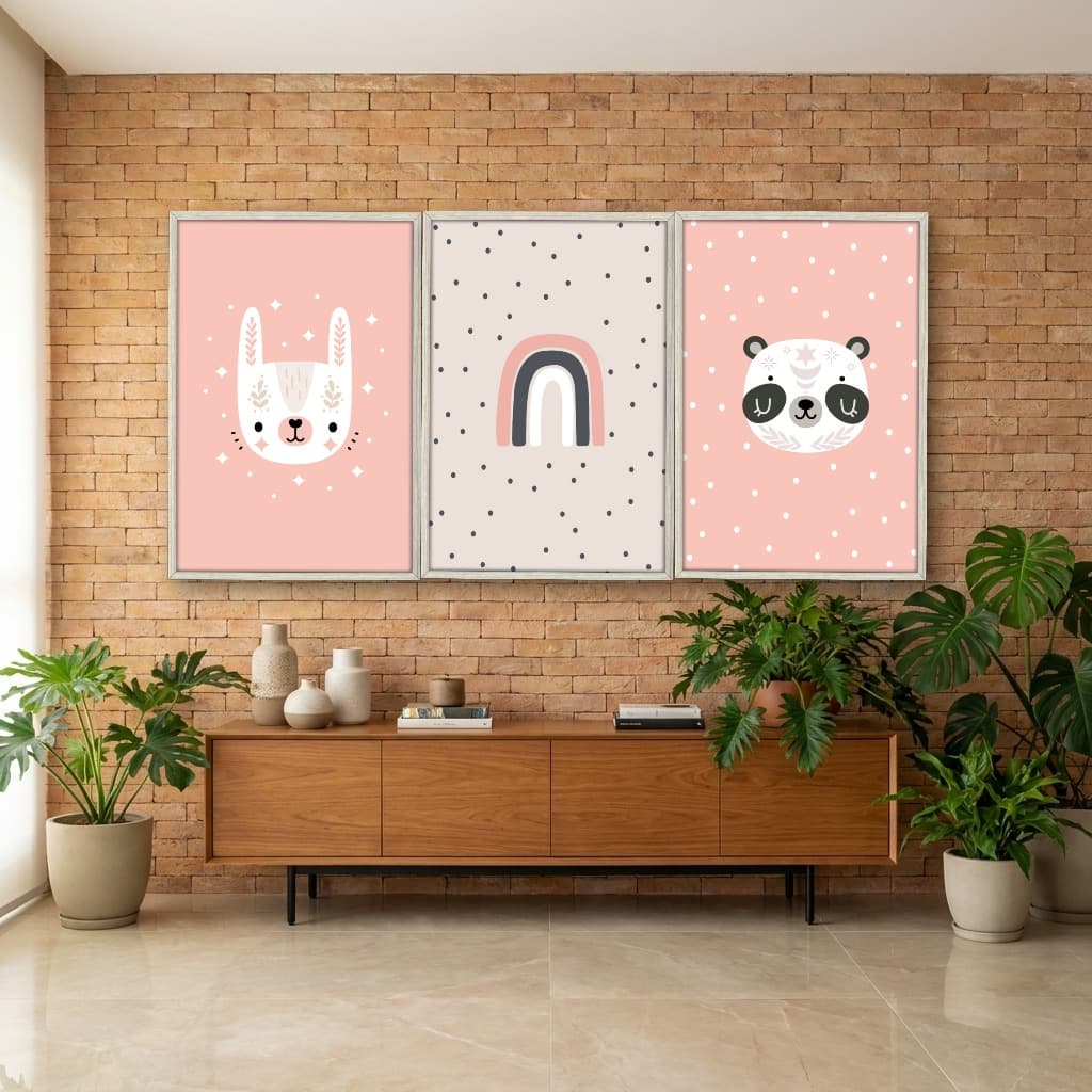 Kit Quadros Decorativos Panda E Arco Íris