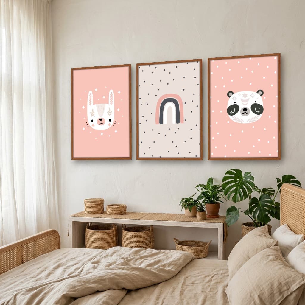 Kit Quadros Decorativos Panda E Arco Íris