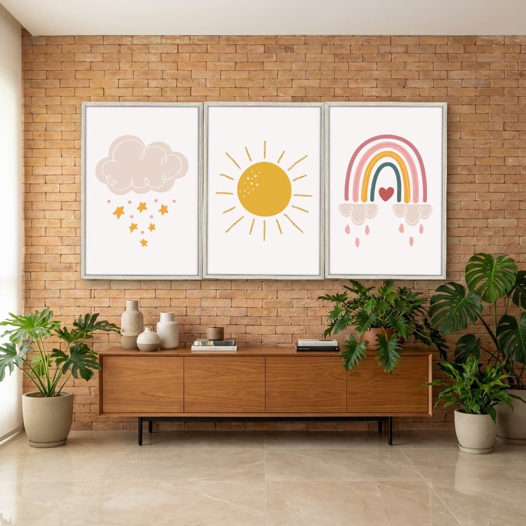 Kit Quadros Decorativos Nuvem Sol E Arco Íris