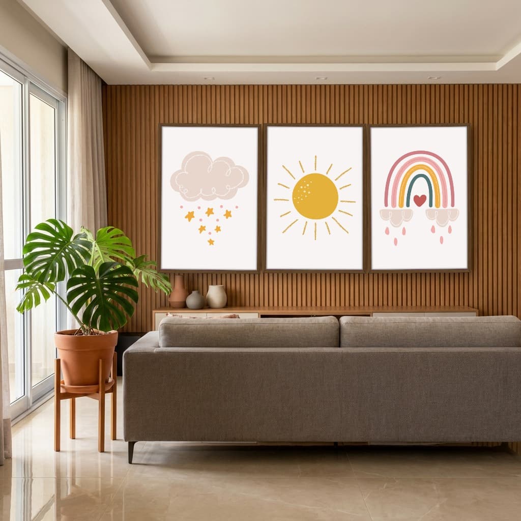 Kit Quadros Decorativos Nuvem Sol E Arco Íris