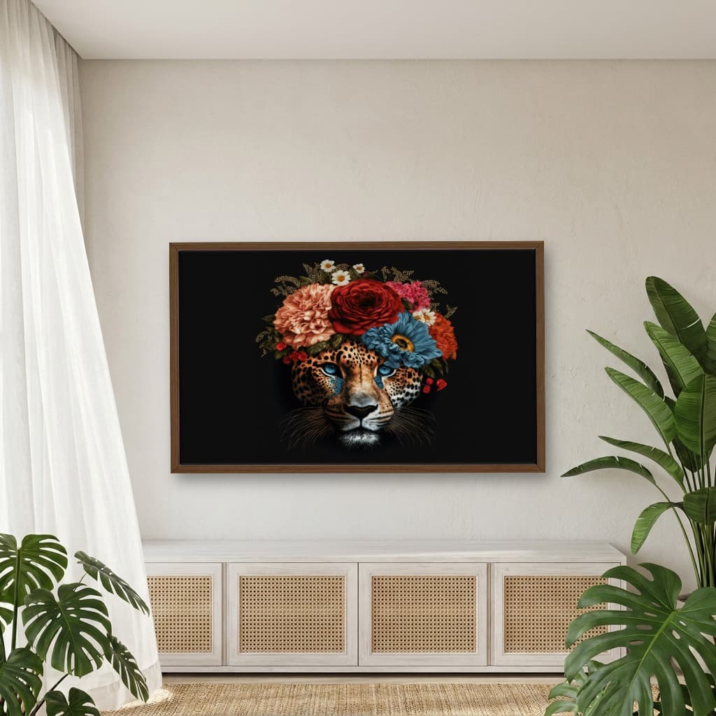 Quadro Decorativo Leopardo Com Coroa De Flores