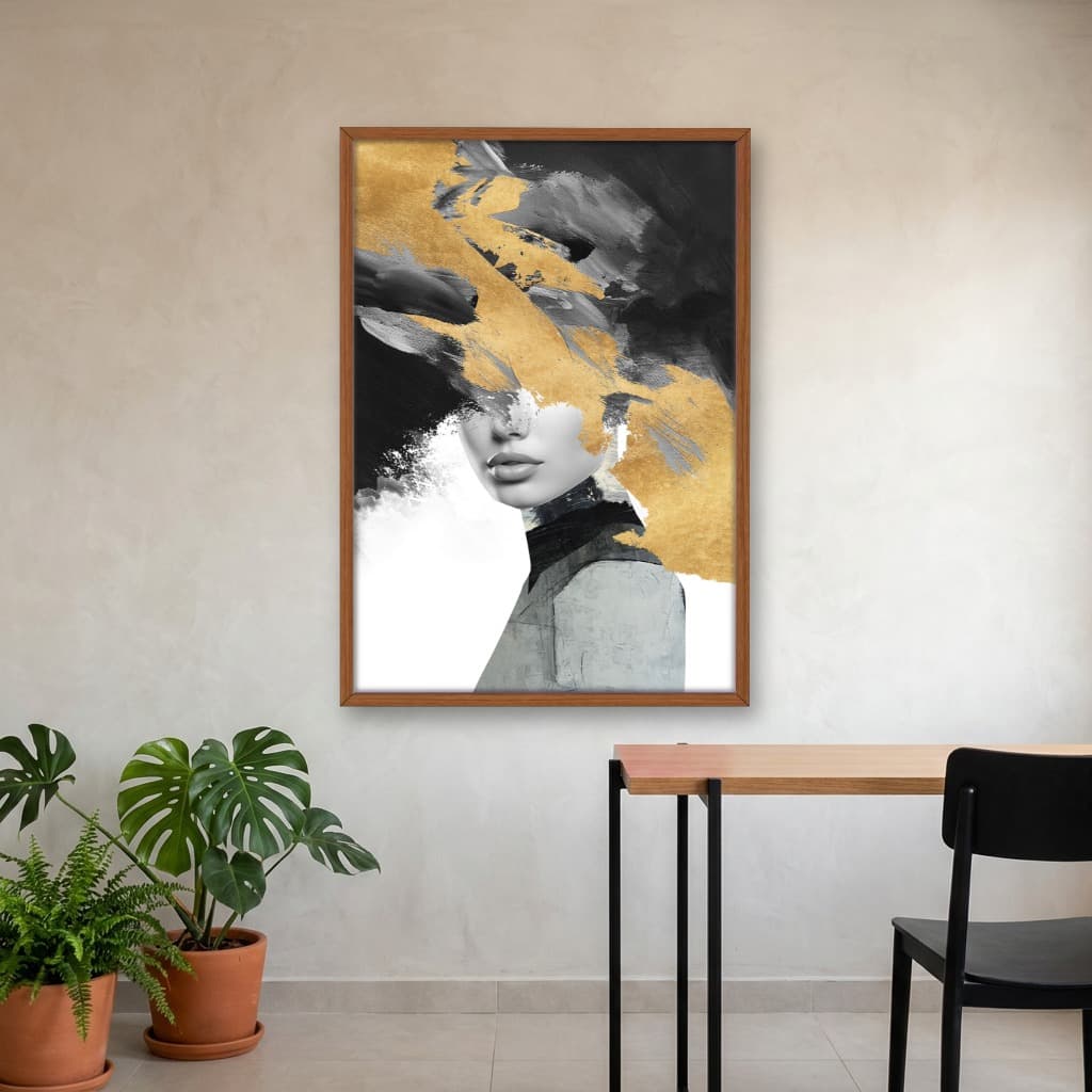 Quadro Decorativo Mulher Com Pintura Dourada
