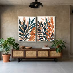 Kit Quadros Decorativos Folhas Laranja E Azul